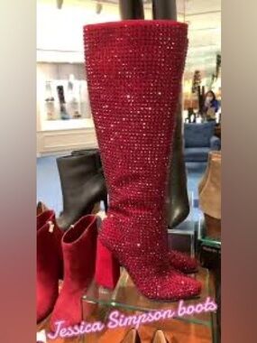 NEW Jessica Simpson Red Crystal Embellished over the knee Heeled Boots